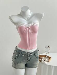 Elamini Women's Cute Sweet Strapless Bow Lace Trim Fitted Crop Top, Spring/Summer - Baby Pink - View 4