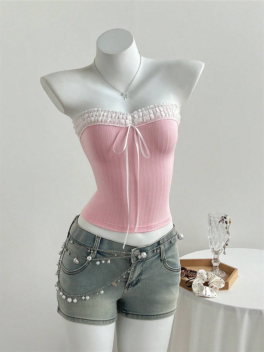 Elamini Women's Cute Sweet Strapless Bow Lace Trim Fitted Crop Top, Spring/Summer - Baby Pink - View 1