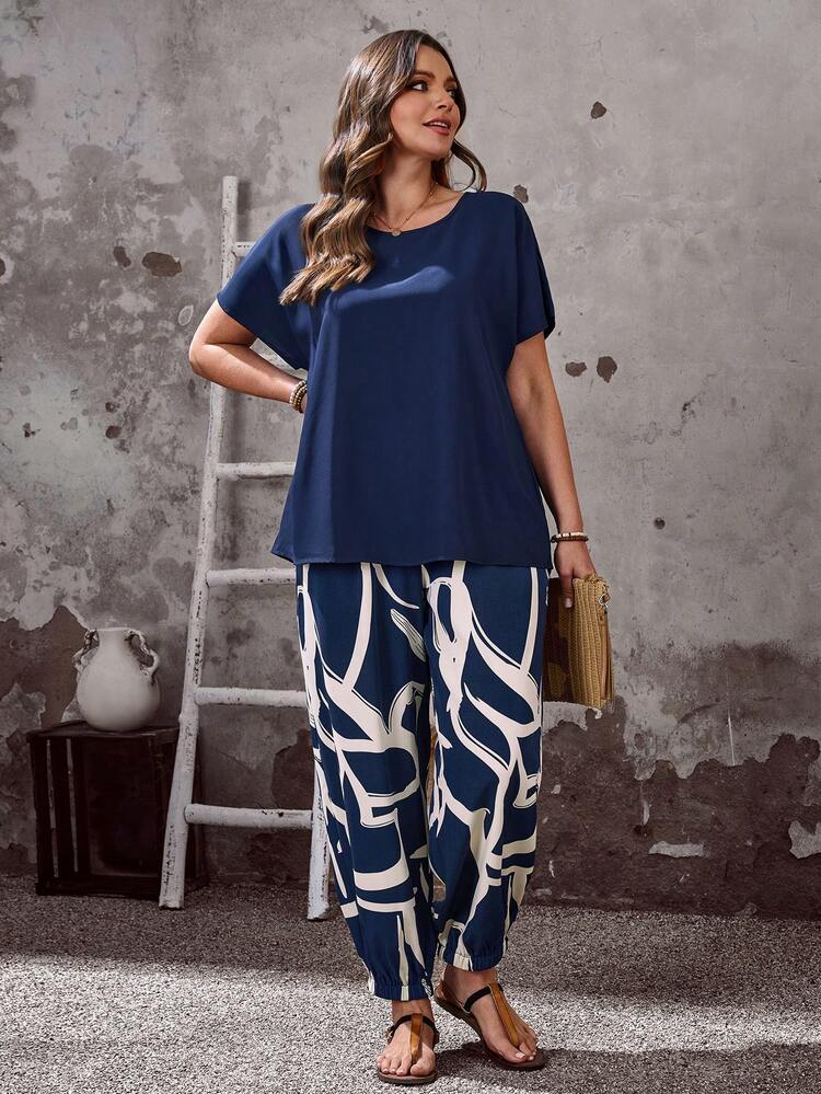 Plus Size Women's Blue Geometric Pattern 2 Pieces Set, Summer\Vacation, Casual Sets For Women, Summer Outfits