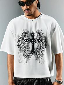 ROMWE MEN Grunge Punk 男士圆领翅膀印花铆钉短袖T恤 - 白色 - 查看 4