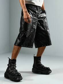 ROMWE MEN Street Life 男士PU面料水钻设计口袋时尚短裤 - 黑色 - 查看 4