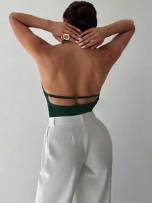 Firerie 女士新款优雅通勤衬衫，不对称领无袖露背吊带可调节纽扣装饰修身黑色办公衬衫，女士通勤衬衫，春夏服装，通勤，优雅，性感 - 墨綠色 - 查看 7