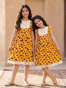 Young Girls Yellow Floral Dress With Blue Butterfly,Summer 7th Birthday Outfit,White Lace Patchwork Sleeveless Ruffle Hem Vintage Tea Party Sundress - Yellow - View 7