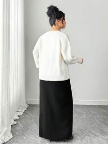 Elenzga Plus Size V-Neck Long Sleeve Cardigan & Black Skirt 2-Piece Set - Black and White - View 2