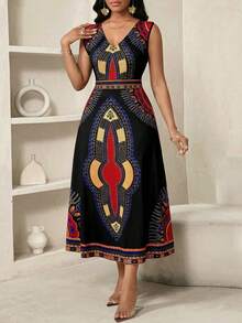SHEIN Lady 女士几何印花V领无袖休闲中长连衣裙，适合度假穿着，安卡拉非洲连衣裙，女士非洲连衣裙，非洲印花连衣裙，女士非洲印花连衣裙，女士非洲连衣裙 - 彩色 - 查看 4