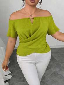 INAWLY Plus Size Solid Color Cross Wrap Off-Shoulder Ruffle Hem Fitted Top - Green - View 5