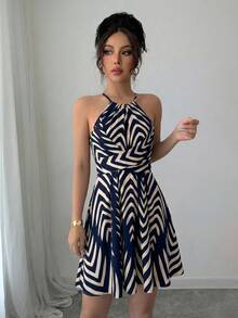 Elenzga 藏蓝色箭头印花优雅设计露背系带短款连衣裙，高品质，风格高贵典雅，适合情人节、复活节、劳动节、生日、约会、派对、正式场合、春夏穿着。 - 藏蓝色 - 查看 5