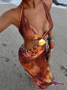 Opulessa Đầm nữ in hoa, khoét eo, cổ yếm, kiểu dáng đi nghỉ mát. - Nhiều màu - Xem 1