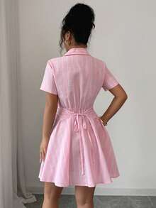 Elenzga 大码女式夏季休闲优雅V领交叉系带腰部插肩袖粉色条纹衬衫裙 - 粉色 - 查看 2