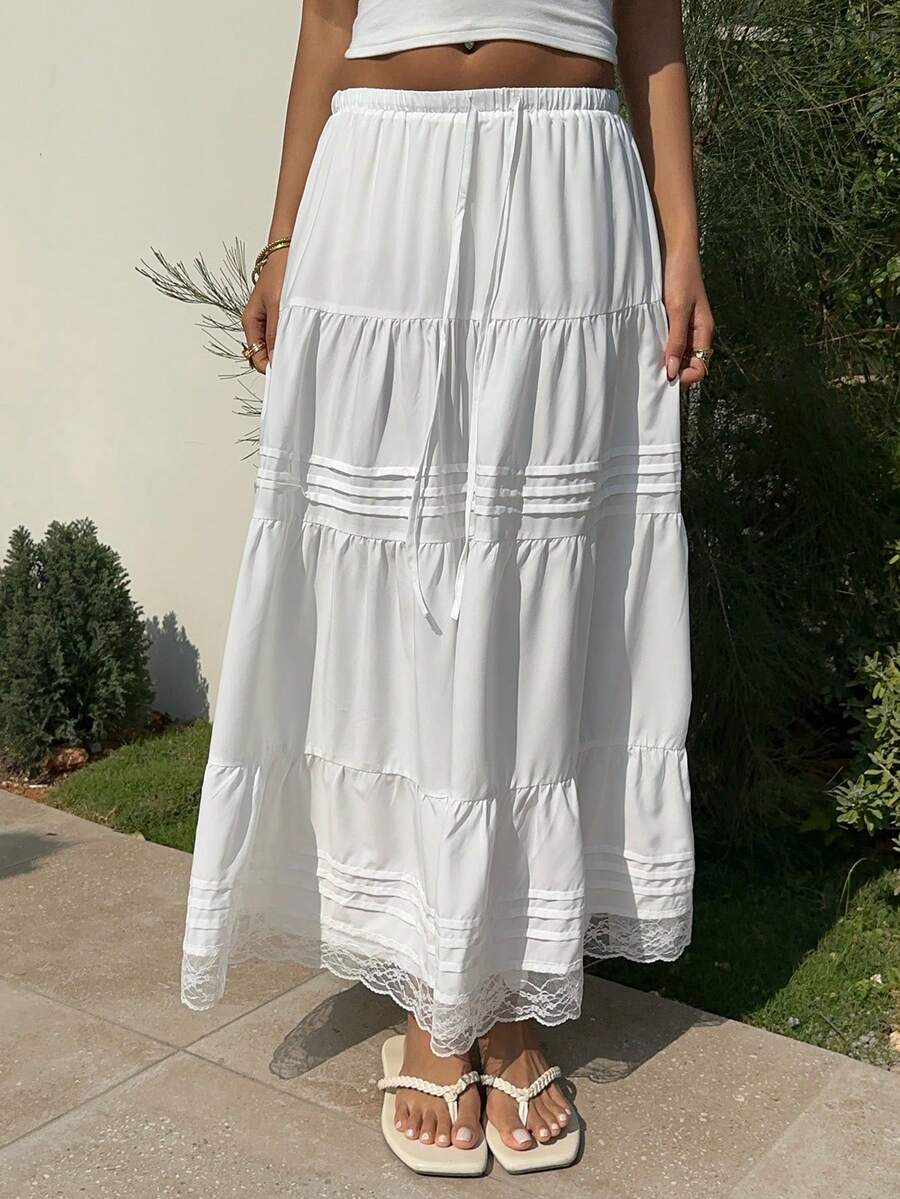 SHEIN EZwear Vacation Casual White Lace Patchwork Woven Skirt - White - View 1