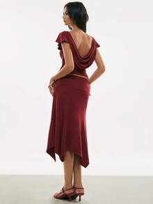 Poéselle Women's Set Backless Cowl-Drape Top & Asymmetric Handkerchief-Hem Midi Skirt – Wine Red Two-Piece Date-Night Co-Ord Two Piece Set Women, Backless Top, Cowl Back Blouse, Asymmetric Skirt Outfit, Wine Red Dress Set, Handkerchief Hem Skirt, Date Night Co Ord, Elegant Summer Matching Set Elegant Drape Neck Backless Fitted Cropped Top And Hanky Hem Mini Skirt 2 Pieces Set, Summer Outfit Spring Outfit Women Valentine's Day Valentine Outfits For Women Carnival Women Vacation Outfits Women Red Top&Red Skirt - Burgundy - View 8