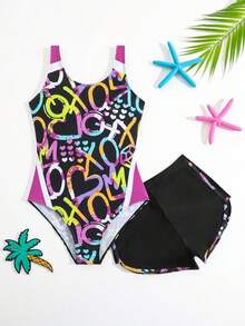 SHEIN 全新少女时尚字母印花连体紧身衣泳装套装