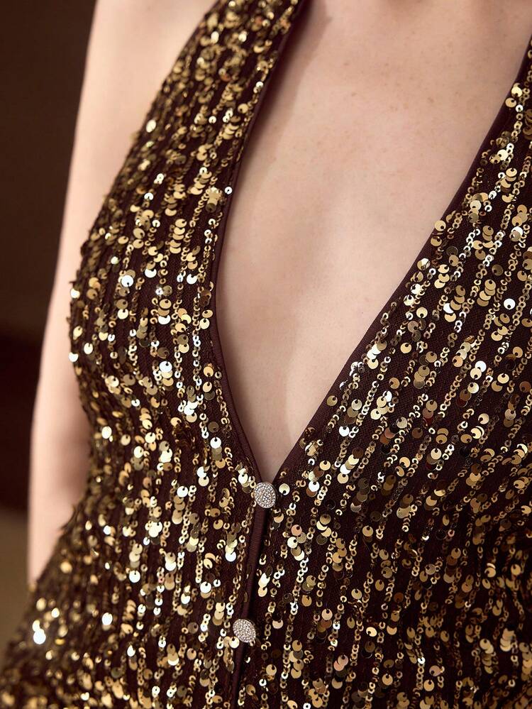 LOOSE SEQUIN EMBROIDERED BACKLESS HALTER TOP