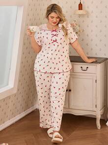 SHEIN Damen Große Größen rotes Spitzenbesatz Ditsy Blumen Farbblock Schleife Dekor gerippter Milchseide Stoff Kurzarm Hose, Lässig romantischer Pyjama Set - Rot - Übersicht 6