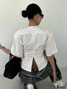 DAZY 女士夏季纯色圆领腰部抽绳休闲 T 恤 Y2k - 白色 - 查看 8