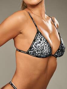 MISSGUIDED Leopard Print Triangle Bralette And Thong Underwear Set With Contrast Trim Detailing - Grey - View 5