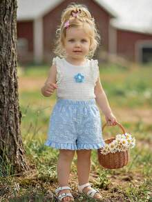 SHEIN Vintaside Kids Baby Girls' Cute Jacquard Vest And Jacquard Shorts Set, Spring/Summer - Blue - View 1