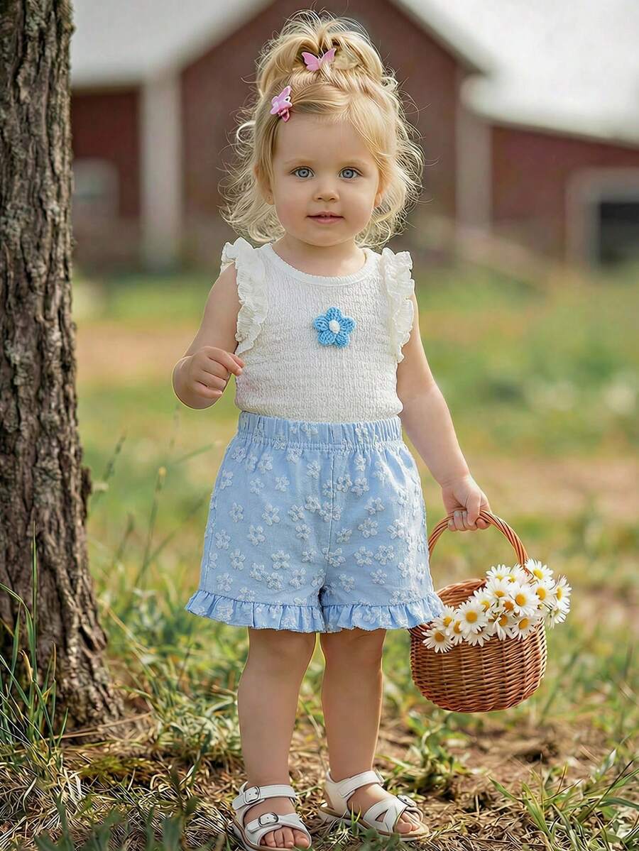 SHEIN Vintaside Kids Baby Girls' Cute Jacquard Vest And Jacquard Shorts Set, Spring/Summer - Blue - View 1