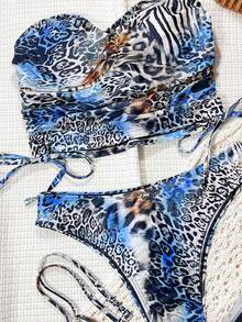 Swim SXY 2pcs Leopard Print Detachable Strap Pleated Front Drawstring Waist Casual Beach Bikini Set For Women - Multicolor - View 3