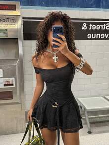 SHEIN HypeZone Women's Fashion Vacation Style Lace Off-Shoulder Metal Knot Waist Dress, Summer - Black - View 5