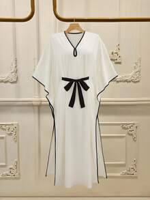 Lyxana Women's Contrast Color Short Sleeve Belted Dress - Black and White - View 1