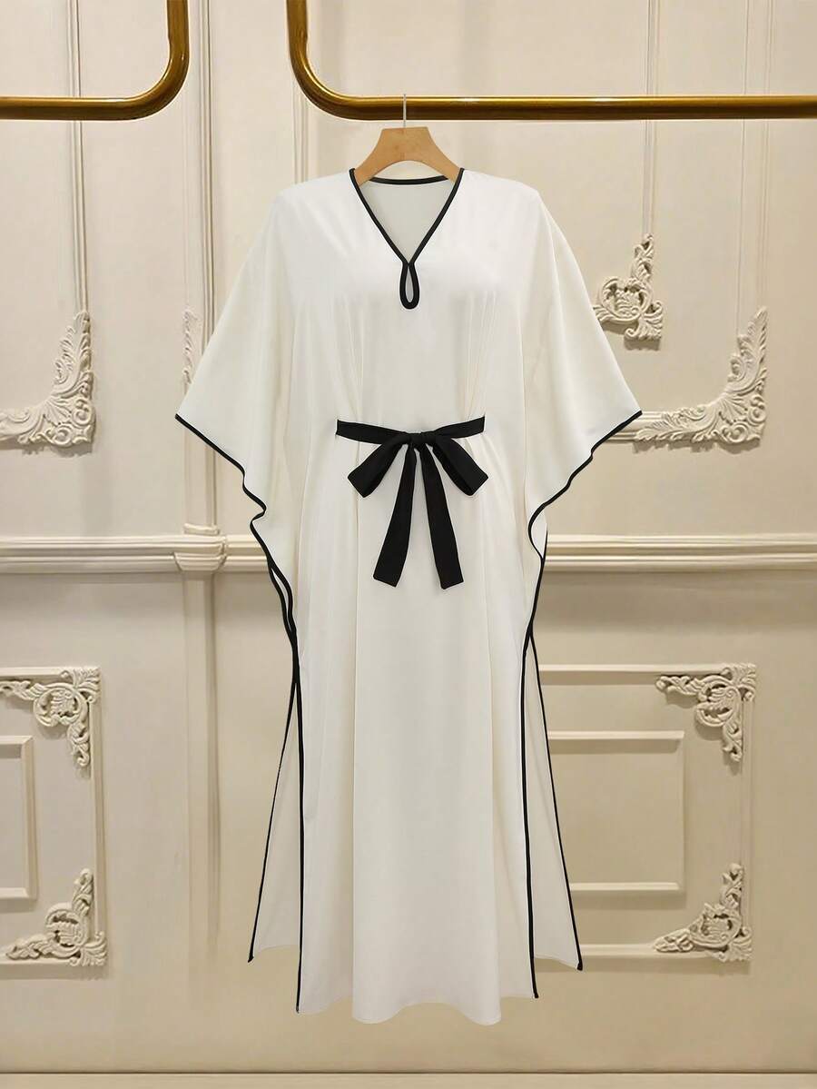 Lyxana Women's Contrast Color Short Sleeve Belted Dress - Black and White - View 1