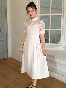 Dazy Kids Tween Girl Lace Patchwork Sheer Elegant Short Sleeve Dress - Apricot - View 4