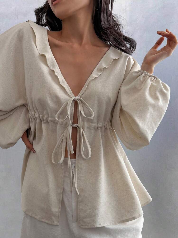 Women's Solid Color Deep V-Neck Tie Front Lantern Sleeve Long Shirt, Fashionable & Versatile