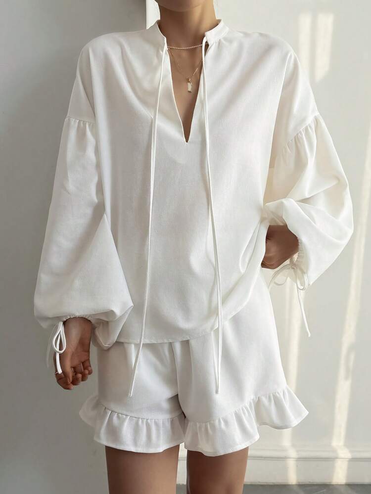 Women's Casual Solid Color Shirt And Shorts 2 Pieces Set