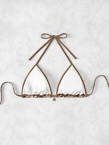 Swim Vcay 女士随机印花挂脖比基尼上衣，夏季沙滩印花比基尼上衣，串珠比基尼，棕色花卉比基尼，金色比基尼，三角比基尼上衣，花卉印花比基尼，金链比基尼，串珠饰边比基尼，棕色比基尼 - 彩色 - 查看 3