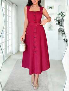 Rafferiza 女士纯色天鹅领单排扣无袖中长连衣裙 - 紅色 - 查看 6