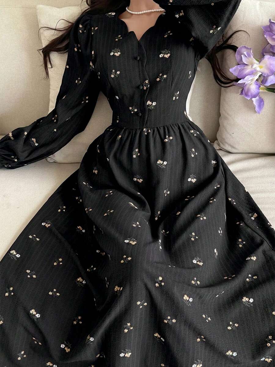 Feyla 女士优雅碎花收腰长连衣裙，秋季