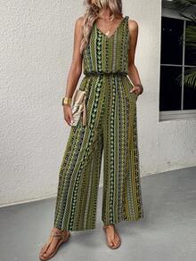 EMERY ROSE Women's Summer Vacation All-Over Print Waist Cinched Sleeveless Jumpsuit - Multicolor - View 4