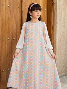 SHEIN 青少年女孩杏色 A 字版圓領長袖拼色喇叭裙 Abaya 女孩馬卡龍色洋裝 - 杏色 - 查看 7