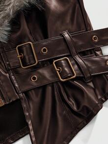ROMWE J-Fashion Y2K秋冬季可拆卸人造毛领女式PU皮夹克 - 棕色 - 查看 3