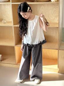 DAZY 2pcs Tween Girls Crew Neck Sleeveless Shirt And Wide Leg Pants Set, Fall Outfit - White - View 6