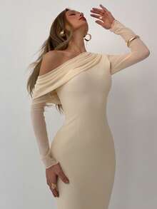 Aloruh 杏色长袖露肩系带针织连衣裙，优雅长裙 - 杏色 - 查看 5