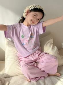 DAZY 2pcs/Set Girls (Small) Crew Neck Knit Printed Long Sleeve T-Shirt And Plaid Long Pants Loungewear Set, Fall - Purple - View 8