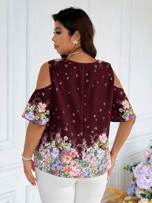SHEIN Frenchy 大码女式碎花露肩时尚优雅上衣，适合春季穿着，优雅百搭，情人节必备。 - 酒紅色 - 查看 3