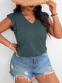 SHEIN Frenchy Camiseta casual de mujer talla grande con mangas de volantes, espalda con nudo, unicolor, top casual de verano, top de manga corta lindo con volantes - Verde - Ver 5