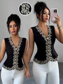 Elenzga Women's Embellished V-Neck Single-Breasted Elegant Vest - Black - View 1