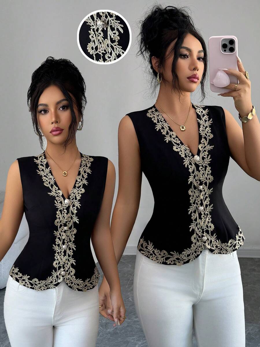 Elenzga Women's Embellished V-Neck Single-Breasted Elegant Vest - Black - View 1