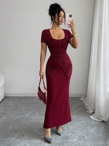 SHEIN Raffinéa 女士酒红色优雅修身长款鱼尾连衣裙，针织面料，船领，短袖，开衩下摆，饰有植物图案设计 - 酒紅色 - 查看 7
