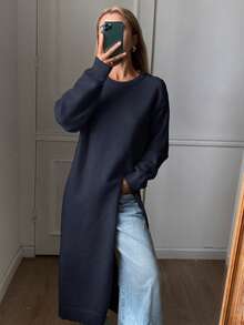 DAZY Women's Casual Solid Color Split Hem Sweater Dress, Autumn/Winter - Navy Blue - View 3