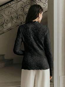 Anewsta Women's Mandarin Collar Fitted Pleated Lace Blouse, Versatile Long Sleeve White Undershirt - Black - View 2