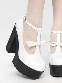 ROMWE Kawaii Women's Sexy Party Nightclub Platform Chunky Heel Shoes, Spring And Autumn Fashionable Closed-Toe T-Strap Metal Adjustable Buckle Ankle Strap Comfortable High-Heeled Mary Jane Shoes. Valentine's Day - White - View 3