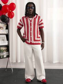 GALLERY FADE Contrast Stripe Hollow-Out Button Front Knit Sweater, Short Sleeve - Red - View 3