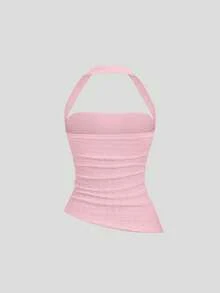 Sweetra Women's Plain Halter Neck Simple Tank Top, Casual For Daily Wear Y2K  - Baby Pink - View 2