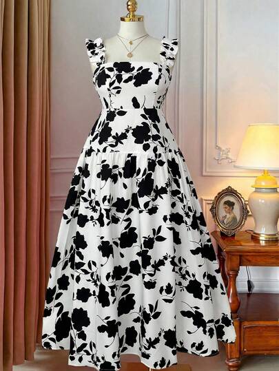 Rometta Vestido maxi de línea A con cuello cuadrado, volantes en la cintura y estampado floral para mujer de talla grande, estilo francés elegante, sin mangas, para verano