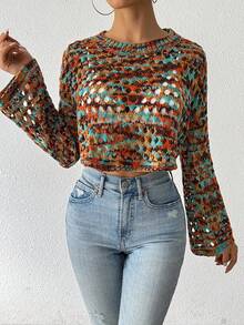 Chiquease All-Over Print Hollow Sheer Crew Neck Long Sleeve Cropped Sweater Top - Multicolor - View 4